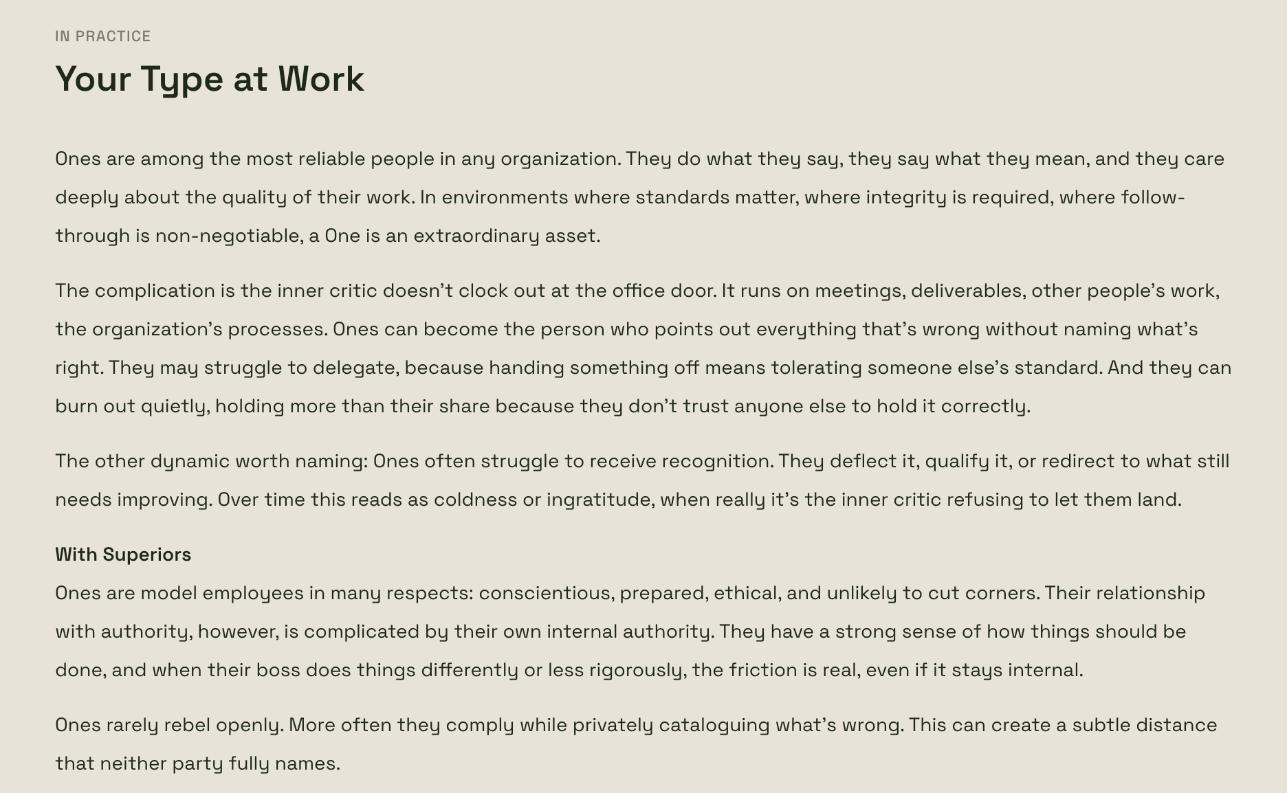 Your Type at Work section of the result page