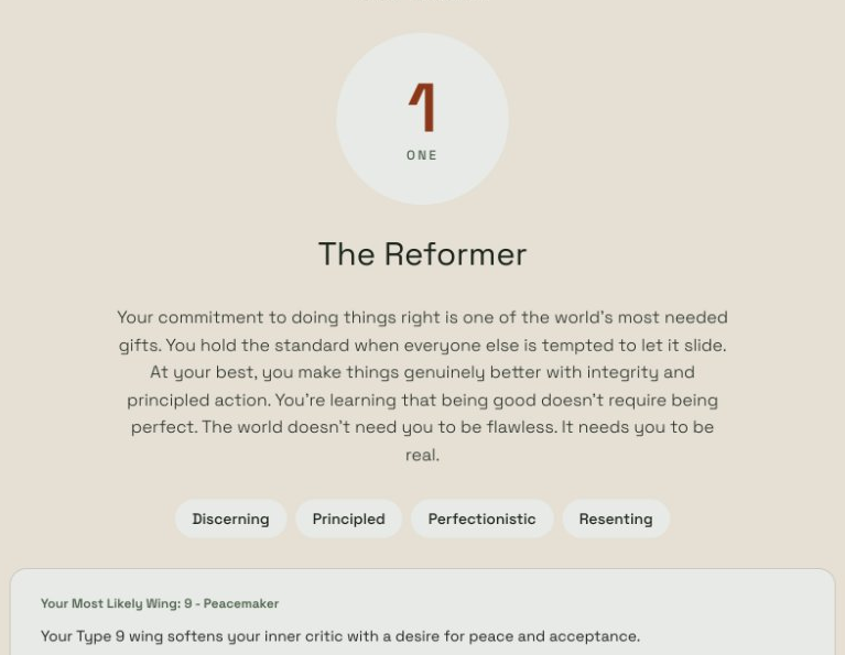 enneagram.work Type 1 result page, The Reformer